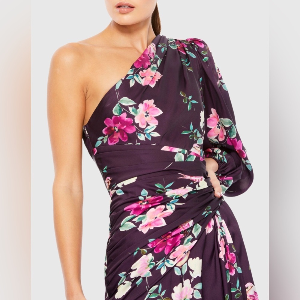 Mac Duggal Ieena Purple One Shoulder Long Sleeve Floral Pink Wedding Guest Dress - Picture 3 of 16